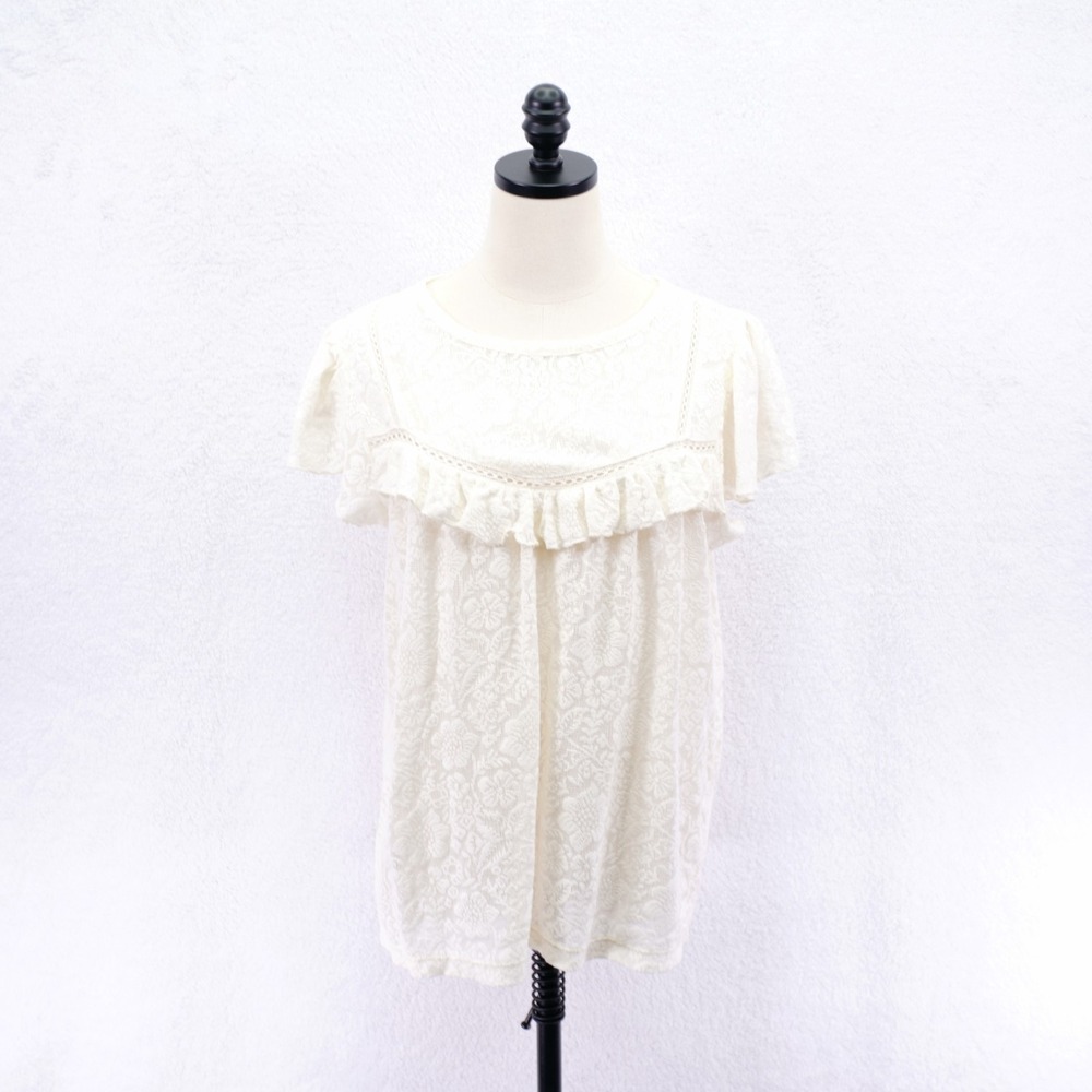 Ann Taylor Loft Medium White Lace Fluttered Blouse Cotton Crew Neck Short Sleeve